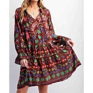 NEW EASEL floral printed gauze midi dress - plus in chocolate